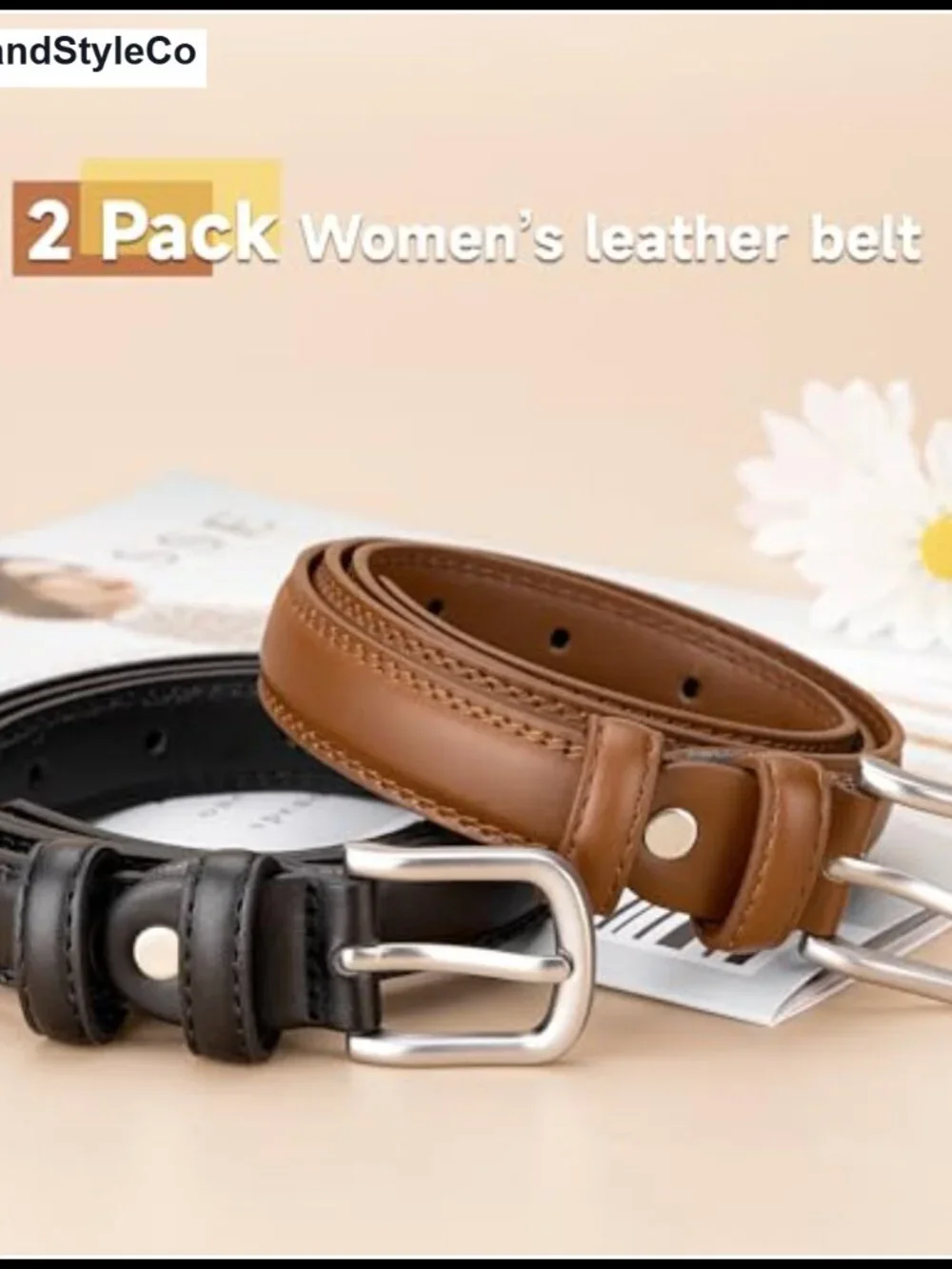 Women's Fashion Belts 2 Pack Faux Leather PU Minimalist Silver Buckle Trendy